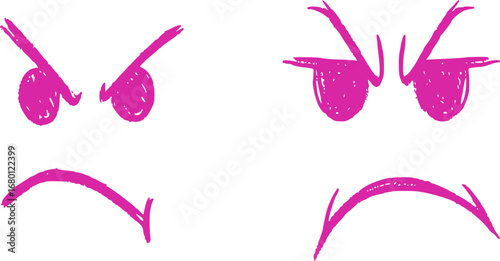 Two pink hand-drawn expressions of anger and sadness.