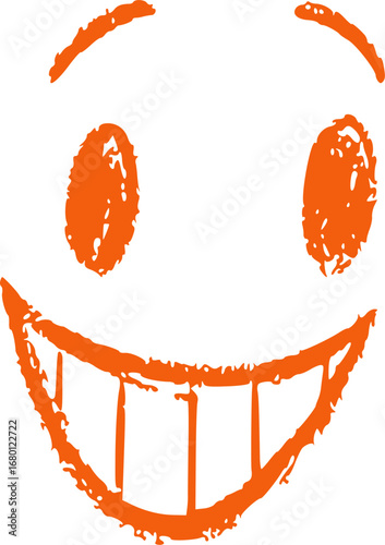 A simple, hand-drawn smiley face in orange crayon with a wide, toothy grin expressing happiness.