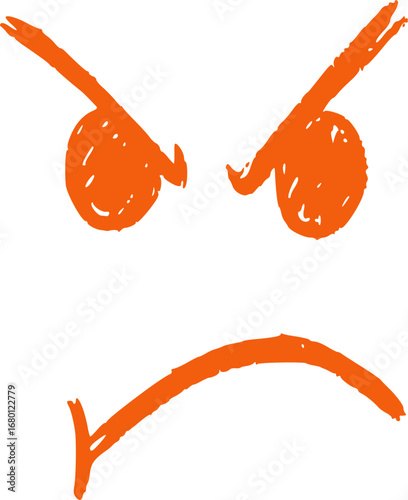 A simple orange hand-drawn illustration of an angry face with furrowed brows and a frown on a white background.