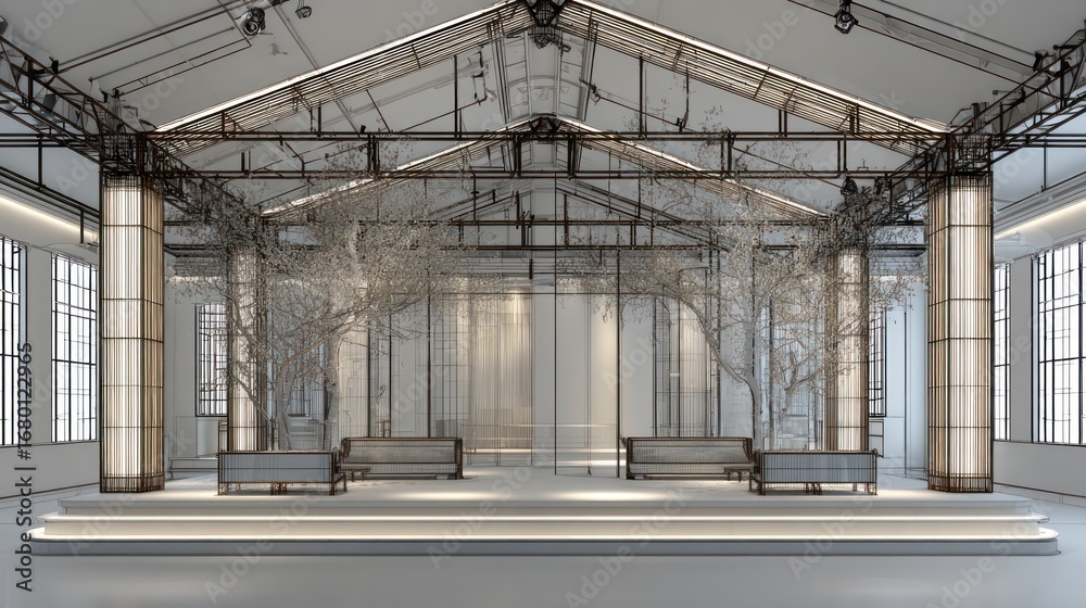 Obraz premium Bright, airy event space with metal structure, bare trees, & platform
