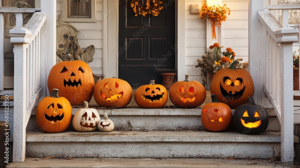 Obraz premium Traditional Halloween pumpkin decorations with various Jack-o'-lanterns on a porch.