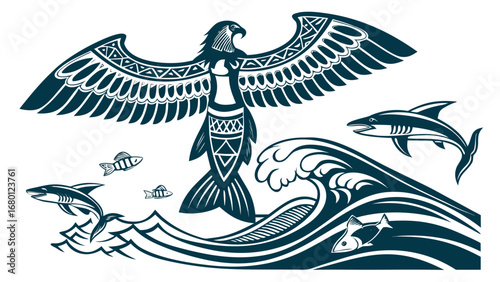 Cute cartoon vector illustration of a fun set of sea and marine animals, fish, and birds in the ocean