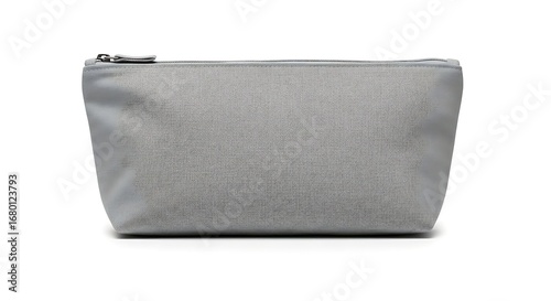 Gray zippered cosmetic bag, closed and displayed on a white background.