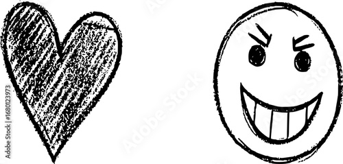 A black and white image featuring a heart shape next to a smiling face with sharp teeth, expressing contrasting emotions.