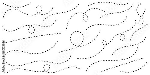 Hand drawn curve dotted line, Spiral dotted line hand drawn, Dotted lines path on white background. Path travel dotted line trip dashed trace destination track plan and silhouette, travelling symbol. 