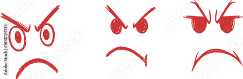 Set of three hand-drawn angry faces in red ink, expressing rage and frustration.