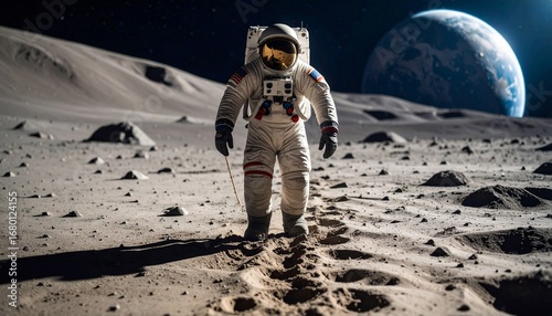 Alien leaving new footprints on dusty moon surface, distant space background, 8K detail