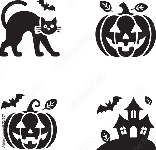 Collection of halloween icons featuring a black cat jack o lanterns bats and haunted house silhouette