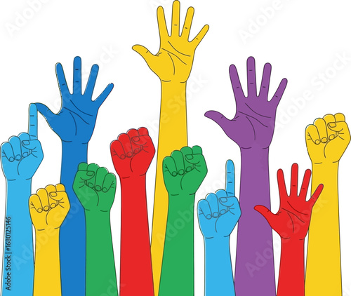 Colorful Raised Hands in Unity, Diverse Gestures