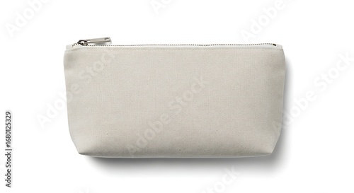 Light gray zippered cosmetic bag, top-down view, isolated on white background.