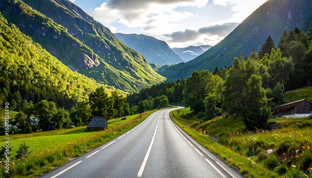 Naklejka premium Scenic mountain road winding through lush valley (1)