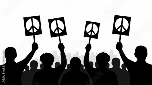 Silhouette of a crowd holding peace signs in a protest against a cityscape in the background scene view