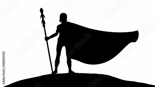 Silhouette of a person with a cape and staff standing on a hill against a white background image design