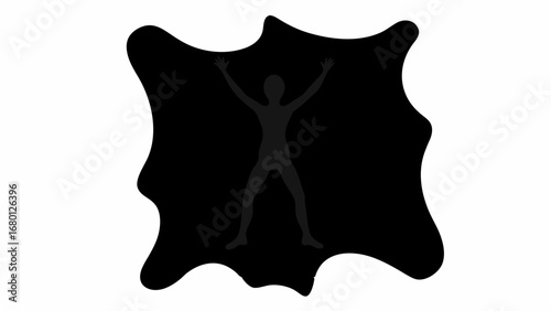 Silhouette of a person with arms raised inside a black ink blot against a white background design element