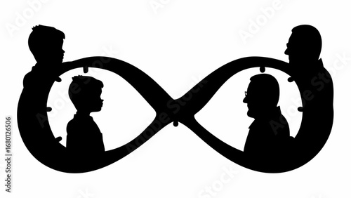Silhouette of an infinity symbol showing the stages of life from childhood to old age in black and white