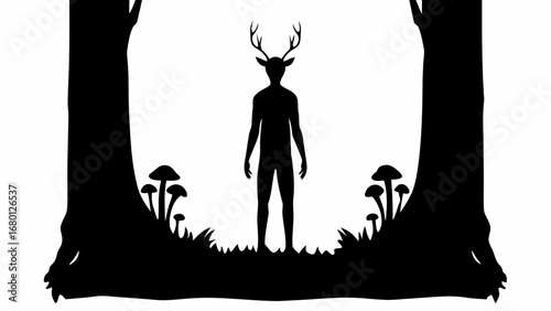 Silhouette of a deer headed humanoid figure standing between two trees in a forest with mushrooms and grass