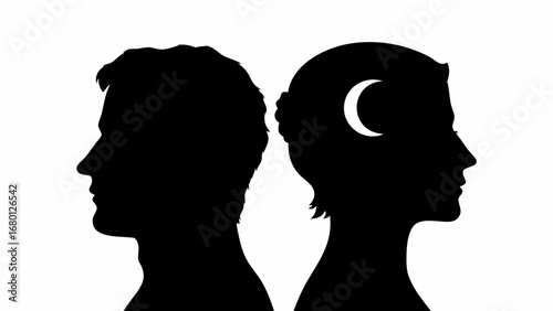 Silhouetted profiles of a man and a woman with a crescent moon in her hair facing opposite directions