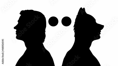 Silhouette of a man and a wolf facing each other with two circles in between them in black and white