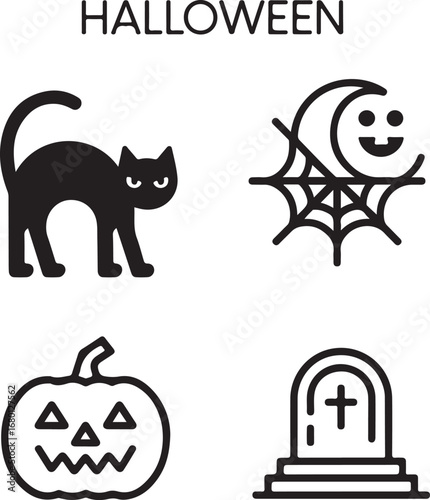 Collection of halloween icons featuring a black cat jack o lantern spooky moon and tombstone silhouette