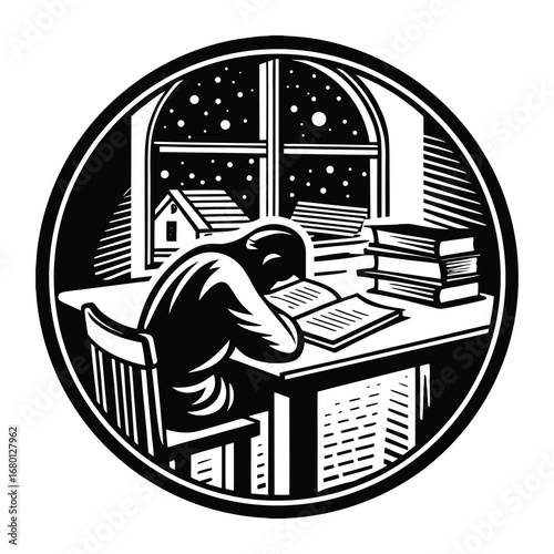 A silhouette of a desperate student hunched over books, head in hands, symbolizing stress, pressure, and the struggle of intense studying and academic challenges.
