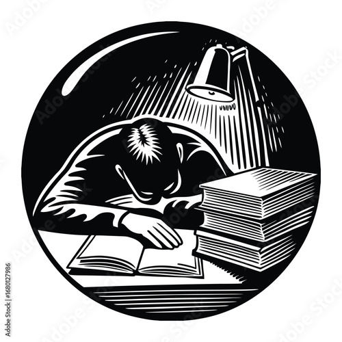 A silhouette of a desperate student hunched over books, head in hands, symbolizing stress, pressure, and the struggle of intense studying and academic challenges.

