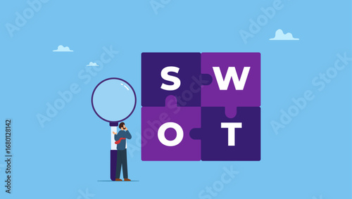 Businessman magnify analyze SWOT business jigsaw. SWOT analysis, analyze strength, weakness, opportunity and threat to win market competition, improve product by SWOT matrix, benchmark or measurement.