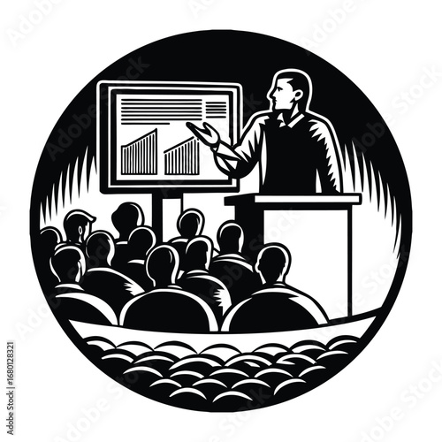 A silhouette of a man giving a presentation to a group of people, showcasing leadership, communication, and teamwork in a professional or educational setting.
