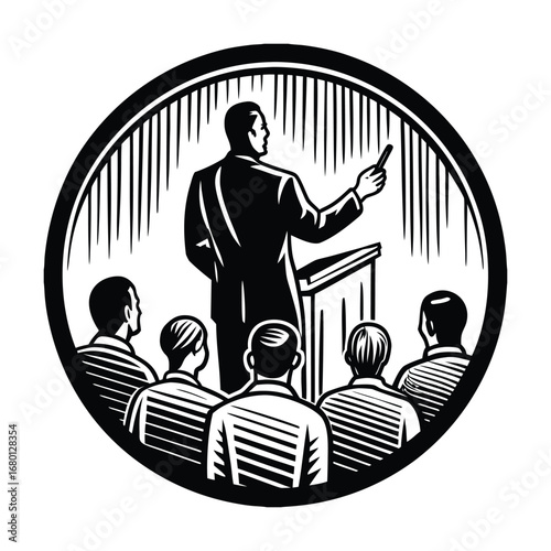 A silhouette of a man giving a presentation to a group of people, showcasing leadership, communication, and teamwork in a professional or educational setting.
