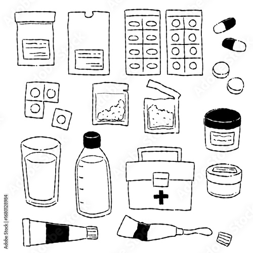 手描きラフテイストの様々な薬のベクターイラストセット(モノクロ線画)