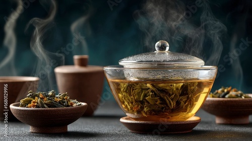 Close Up of Gaiwan Tea Ceremony with Oolong Tea and Steam