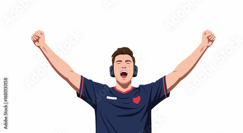 Excited male gamer celebrating a victory with arms raised and open mouth, wearing a headset, isolated white background