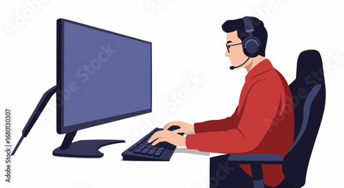 Focused Man Gamer Playing Computer Game with Headset on Gaming Chair, Isolated White Background
