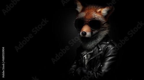 A stylish fox wearing a leather jacket, cinematic lighting, high-fashion animal costume, photorealistic