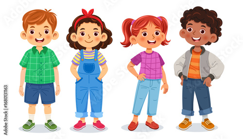 Group of cheerful children standing side by side, smiling happy