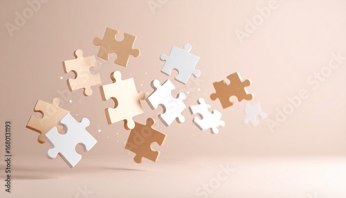3D puzzle pieces interlocking in mid-air