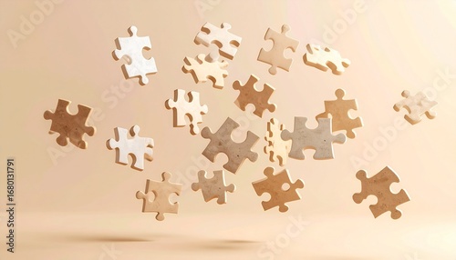 3D puzzle pieces interlocking in mid-air
