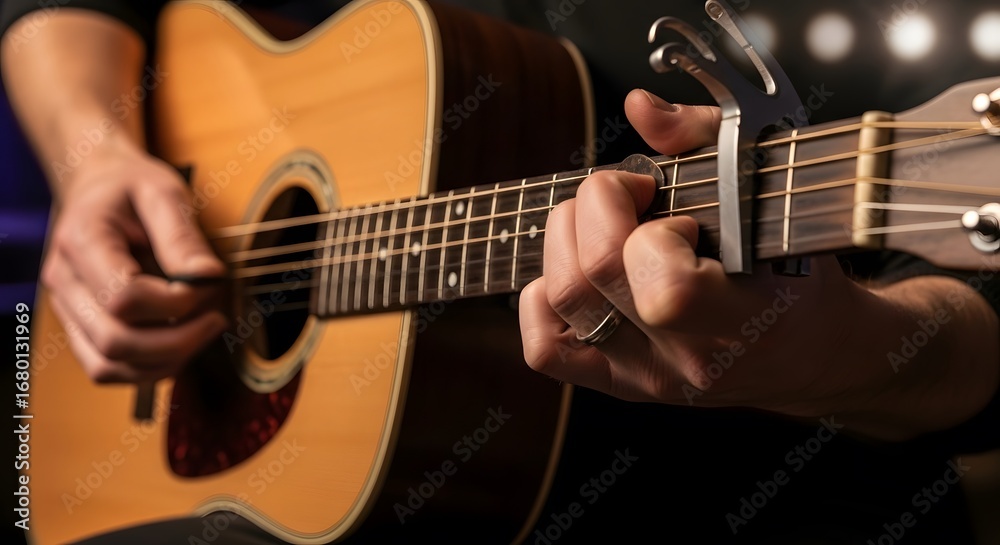 Fototapeta premium Close-up view of a person's hands playing an acoustic guitar, with a capo attached.