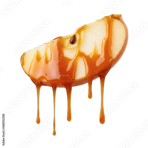 Indulge in luscious caramel dripping over a fresh apple slice, a perfect sweet treat.