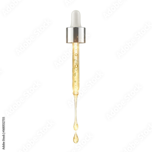 Luxury serum dropper dispensing golden oil essence, promoting skincare and beauty treatments