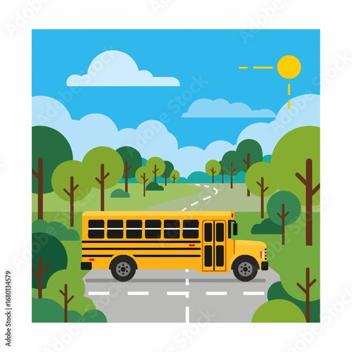 Vector flat illustration of a yellow school bus driving on a countryside road, with trees and blue sky. Simple and modern style for education and transport visuals.