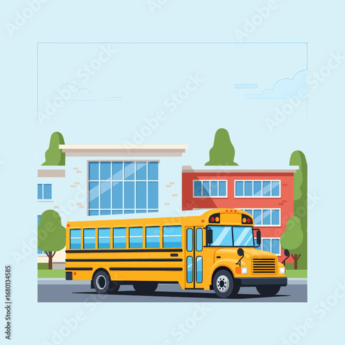 Vector of a classic yellow school bus in front of a school building. Clean flat style with bright colors, perfect for education, transport, and back-to-school themes.