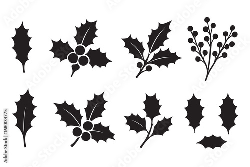 Set of black holly leaf and berry silhouettes. Decorative Christmas vector icons, isolated festive elements for holiday design, cards, and borders.