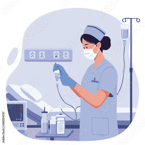 A focused 2D flat vector illustration depicts a precise nurse meticulously preparing an IV drip in a sterile hospital room, with a patient bed in the clean background.