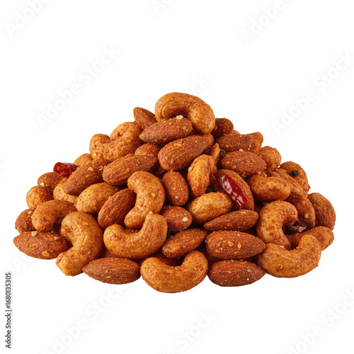 Spicy seasoned cashews and almonds deliver a flavorful, crunchy snack experience with vibrant chili heat.