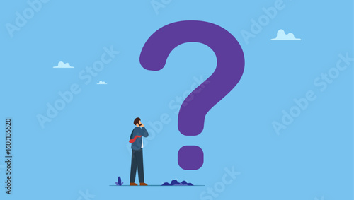 Businessman thinking while looking at big question mark. Big question mark or big problem to solve or finding solution, doubt or uncertainty, thinking to make decision, difficult question.