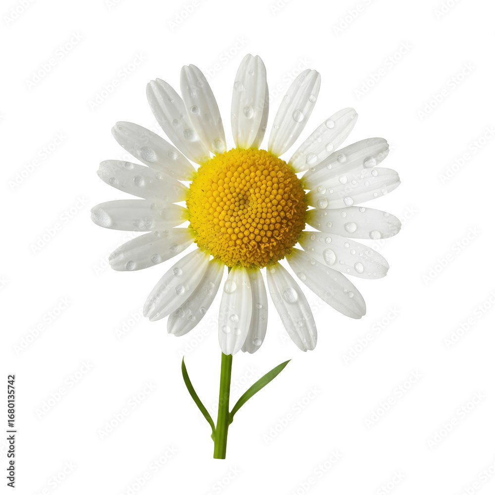 Naklejka premium Delicate daisy with morning dew drops glistening on white petals, a perfect symbol of freshness and nature's beauty.