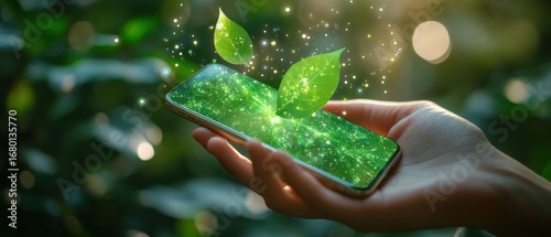 Hand Holding a Smartphone with Green Leaves and Sparkling Particles