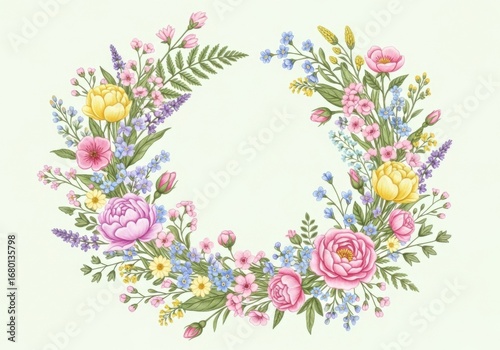 Beautiful floral wreath with delicate wildflowers and greenery