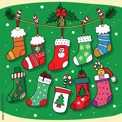 A cheerful Christmas pattern featuring cute socks and holiday decorations for a festive winter celebration