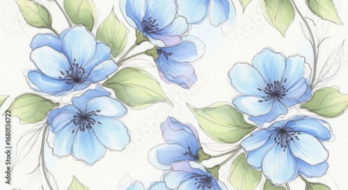 Delicate Blue Petals Adorned with Green Leaves